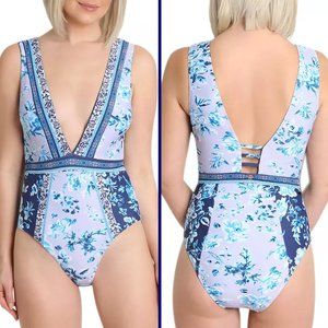NANETTE LEOPORE Priya Floral 1 Piece Plunging Neck Swimsuit NWOT